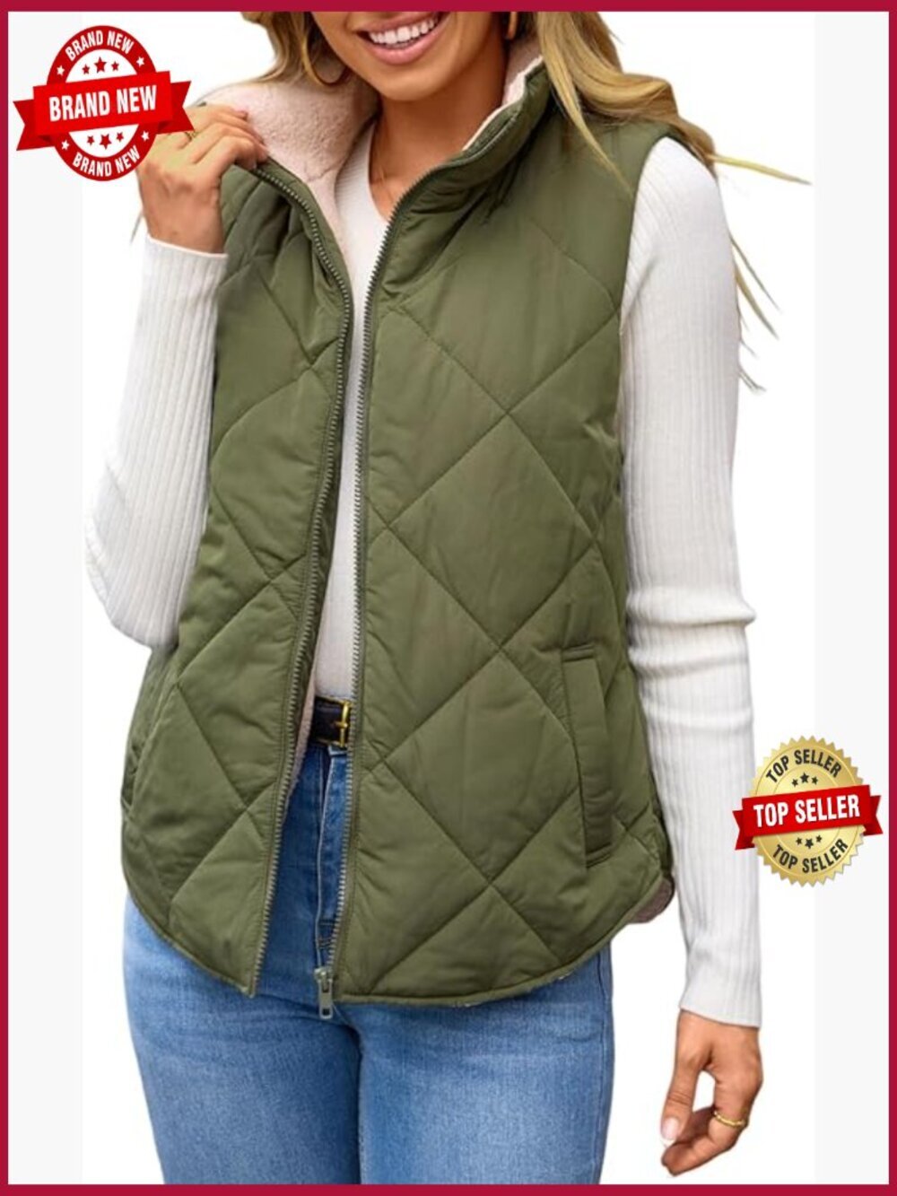 Womens Fleece Sherpa Zip Up Puffer Quilted Vest Stand Collar Fall Winter